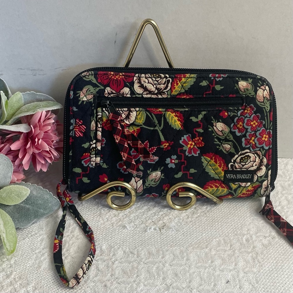 Vera Bradley Black Floral Quilted Wristlet Wallet with Red‎ and Cream Blooms